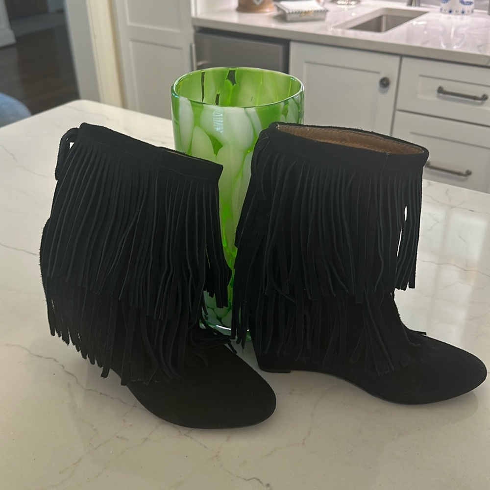 Ralph Lauren Denim Supply Black Fringed Suede Wedge Boot Donata Size 7